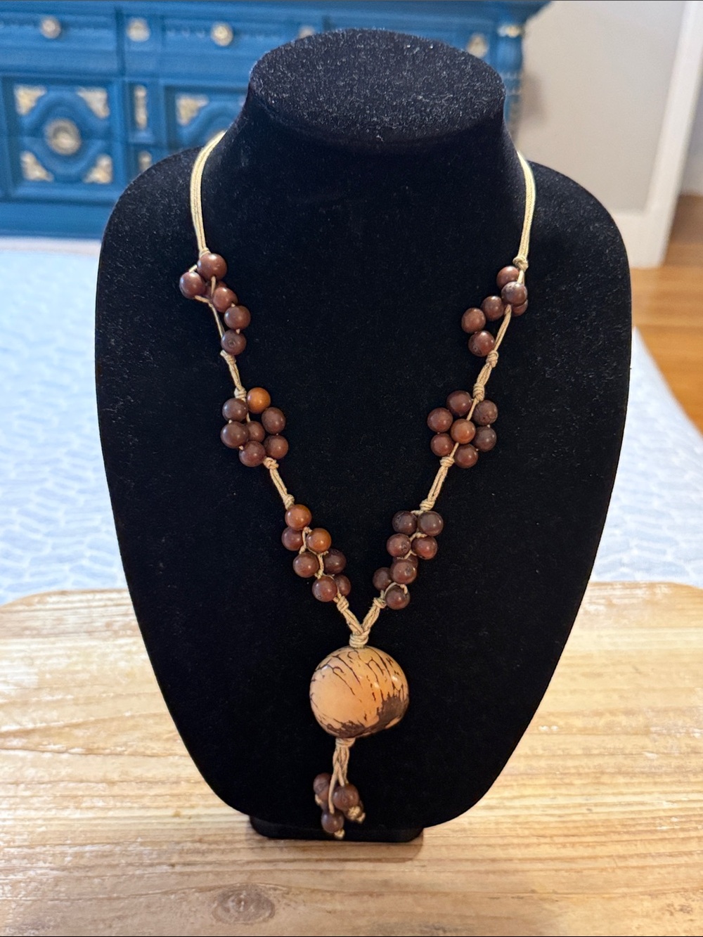 Vintage Boho Brown Wooden Tan Beaded Pendant Statement Necklace